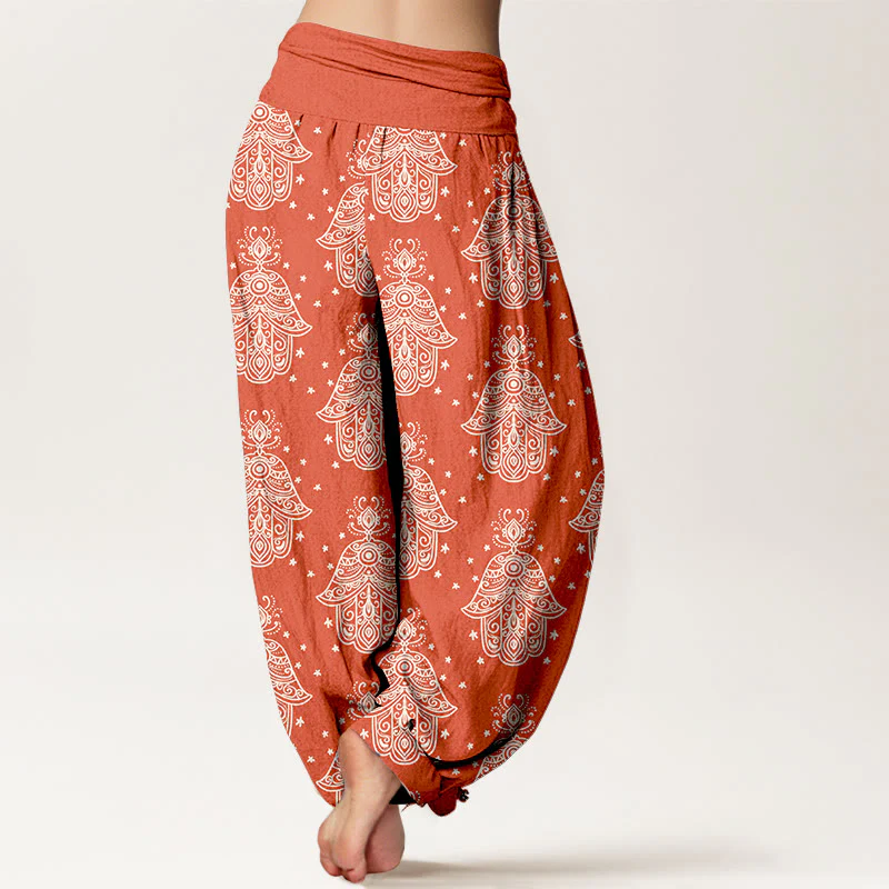 Pantaloni harem da donna con elastico in vita, in cotone, con motivo a mano di Hamsa, disposti in modo ordinato, motivo Buddha Stones - Image 10