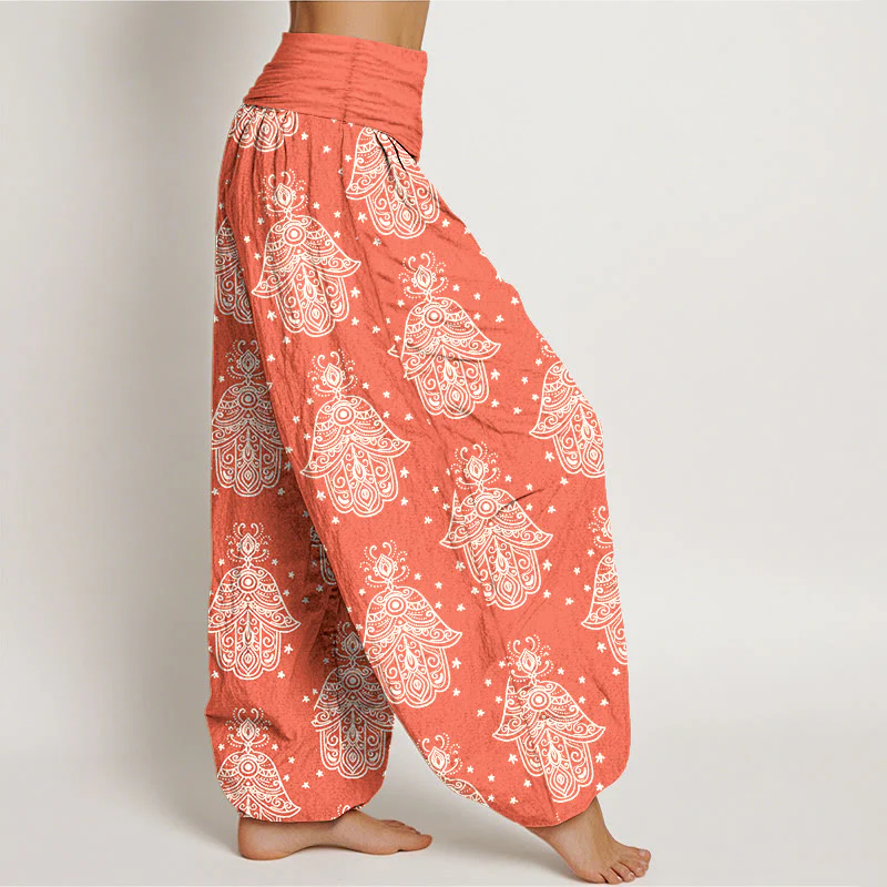 Pantaloni harem da donna con elastico in vita, in cotone, con motivo a mano di Hamsa, disposti in modo ordinato, motivo Buddha Stones - Image 11