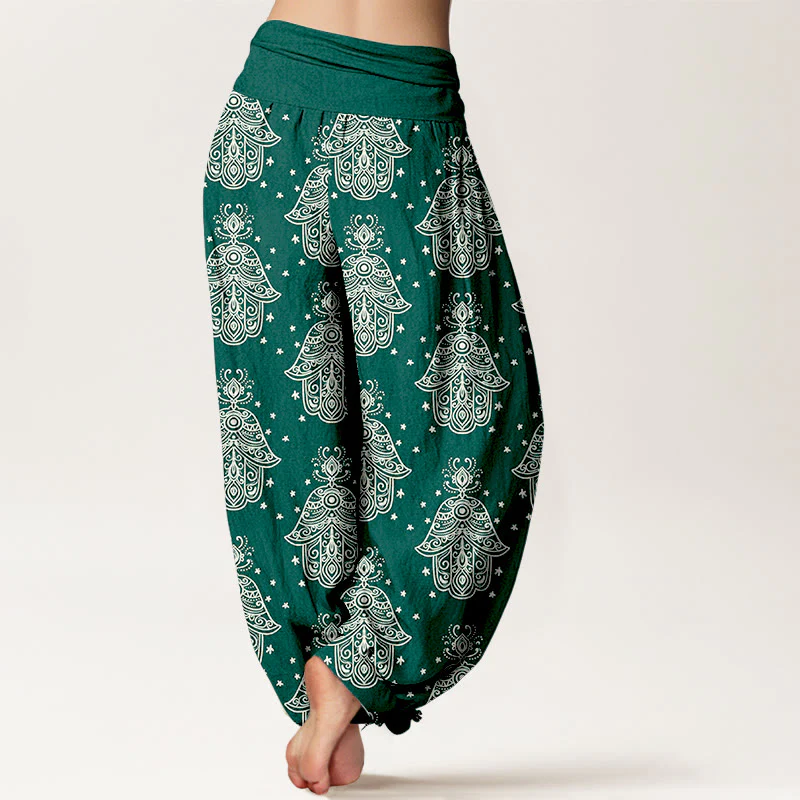 Pantaloni harem da donna con elastico in vita, in cotone, con motivo a mano di Hamsa, disposti in modo ordinato, motivo Buddha Stones - Image 2