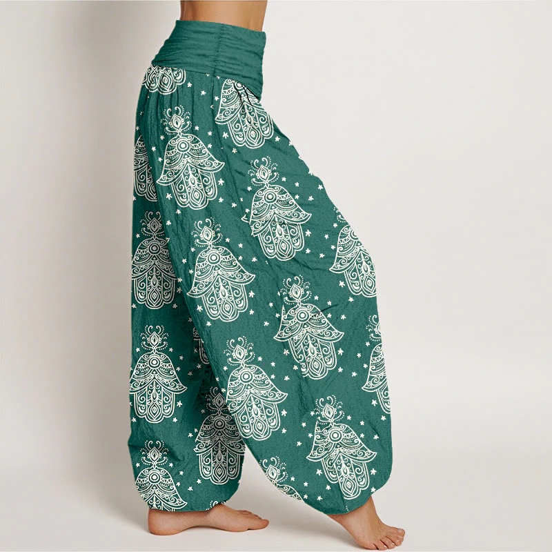 Pantaloni harem da donna con elastico in vita, in cotone, con motivo a mano di Hamsa, disposti in modo ordinato, motivo Buddha Stones - Image 3
