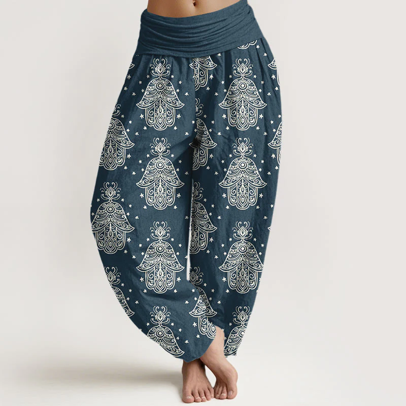 Pantaloni harem da donna con elastico in vita, in cotone, con motivo a mano di Hamsa, disposti in modo ordinato, motivo Buddha Stones - Image 6