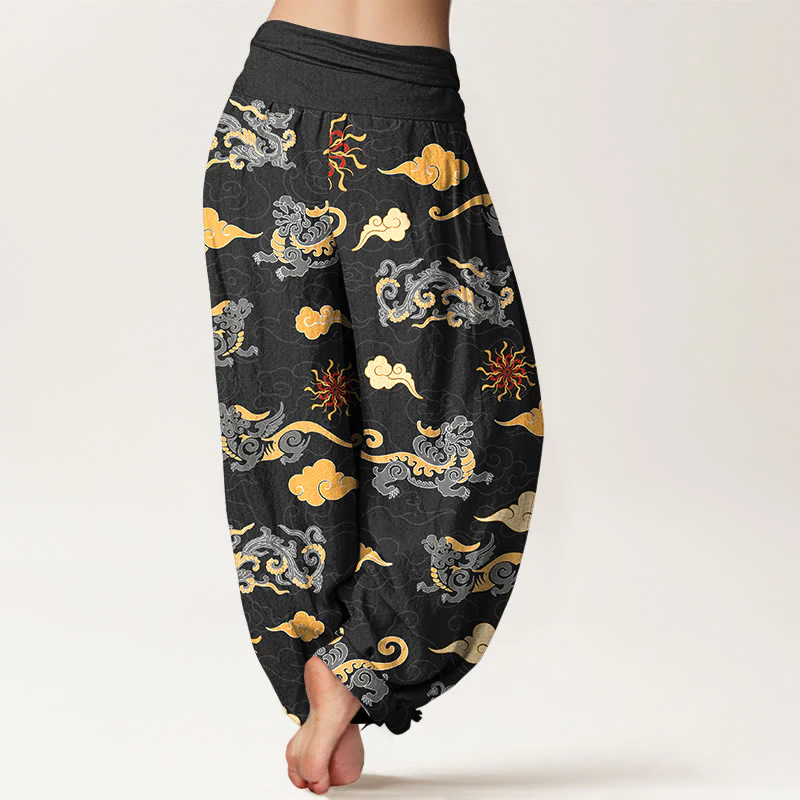 Pantaloni harem da donna con elastico in vita, in cotone, con motivo a nuvola, motivo drago e bestia di buon auspicio, motivo Buddha Stones - Image 10