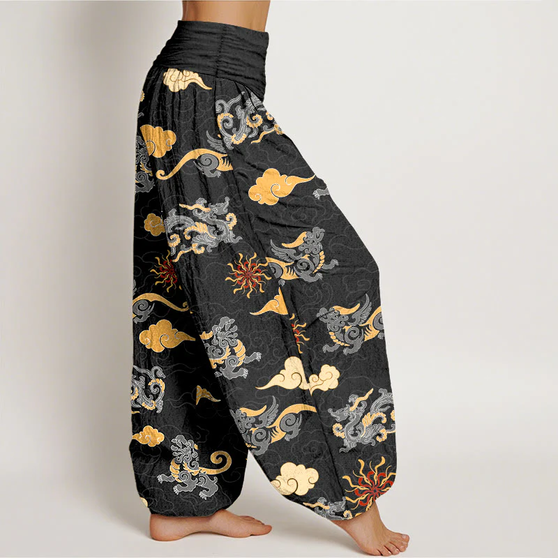 Pantaloni harem da donna con elastico in vita, in cotone, con motivo a nuvola, motivo drago e bestia di buon auspicio, motivo Buddha Stones - Image 11