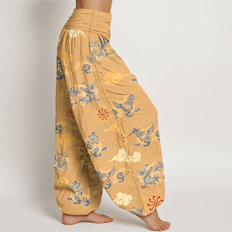 Pantaloni harem da donna con elastico in vita, in cotone, con motivo a nuvola, motivo drago e bestia di buon auspicio, motivo Buddha Stones - Image 3