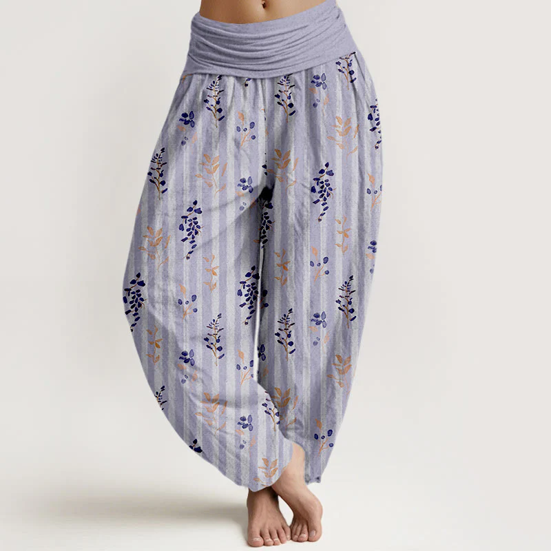 Pantaloni harem da donna con elastico in vita, in cotone, con motivo a righe e foglie dai colori tenui , Buddha Stones