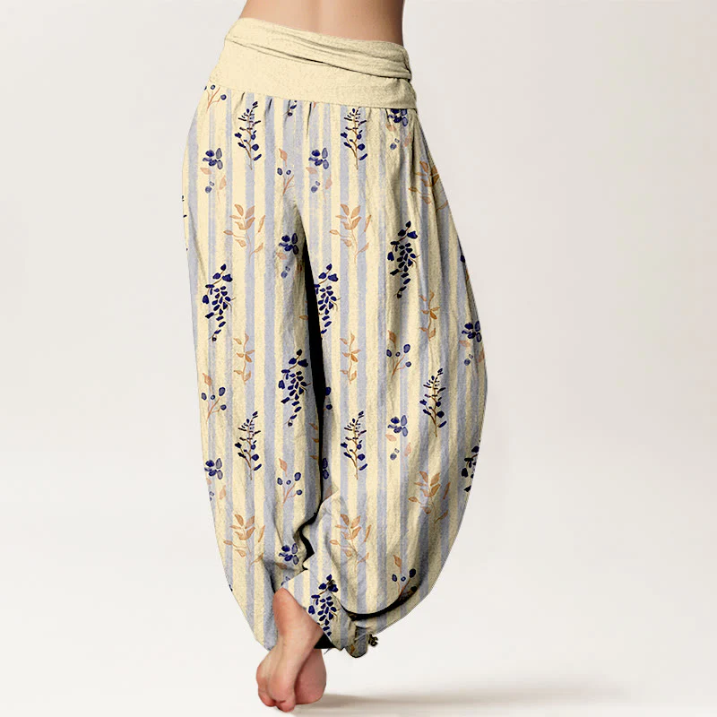 Pantaloni harem da donna con elastico in vita, in cotone, con motivo a righe e foglie dai colori tenui , Buddha Stones - Image 10