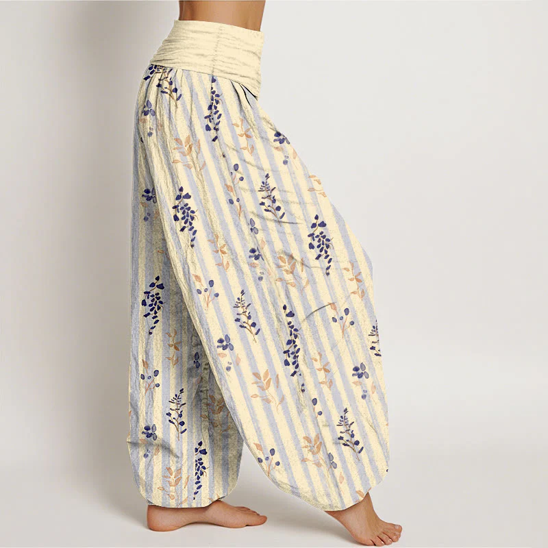 Pantaloni harem da donna con elastico in vita, in cotone, con motivo a righe e foglie dai colori tenui , Buddha Stones - Image 11