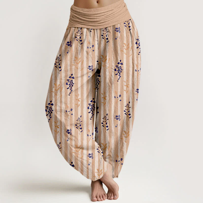 Pantaloni harem da donna con elastico in vita, in cotone, con motivo a righe e foglie dai colori tenui , Buddha Stones - Image 6