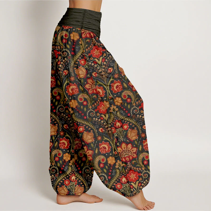 Pantaloni harem da donna con elastico in vita, in cotone, con motivo a volute di fiori e foglie colorati, motivo Buddha Stones - Image 3