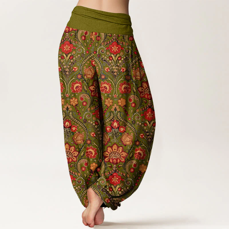 Pantaloni harem da donna con elastico in vita, in cotone, con motivo a volute di fiori e foglie colorati, motivo Buddha Stones - Image 7