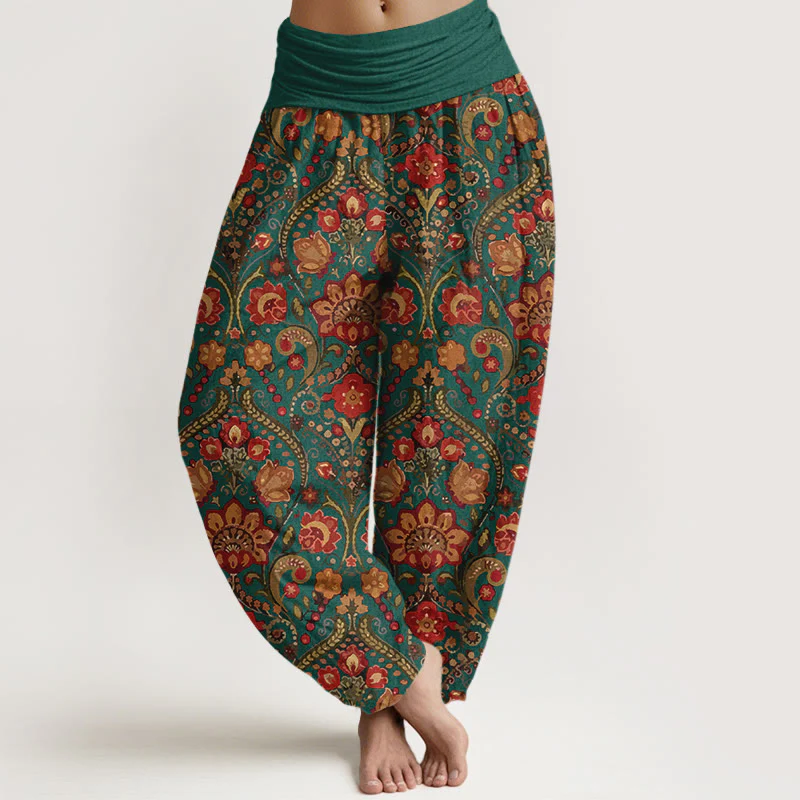 Pantaloni harem da donna con elastico in vita, in cotone, con motivo a volute di fiori e foglie colorati, motivo Buddha Stones - Image 9