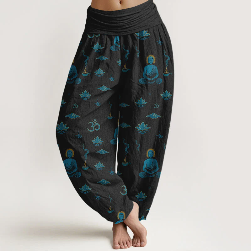 Pantaloni harem da donna con elastico in vita, in cotone con motivo Buddha Stones, simbolo Om, nuvola di loto e motivo Buddha