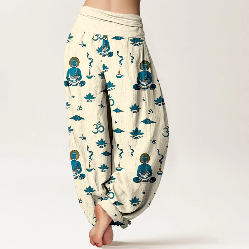 Pantaloni harem da donna con elastico in vita, in cotone con motivo Buddha Stones, simbolo Om, nuvola di loto e motivo Buddha - Image 10