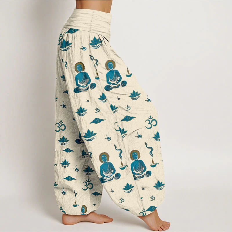 Pantaloni harem da donna con elastico in vita, in cotone con motivo Buddha Stones, simbolo Om, nuvola di loto e motivo Buddha - Image 11
