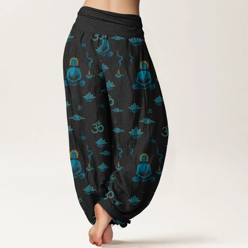 Pantaloni harem da donna con elastico in vita, in cotone con motivo Buddha Stones, simbolo Om, nuvola di loto e motivo Buddha - Image 2