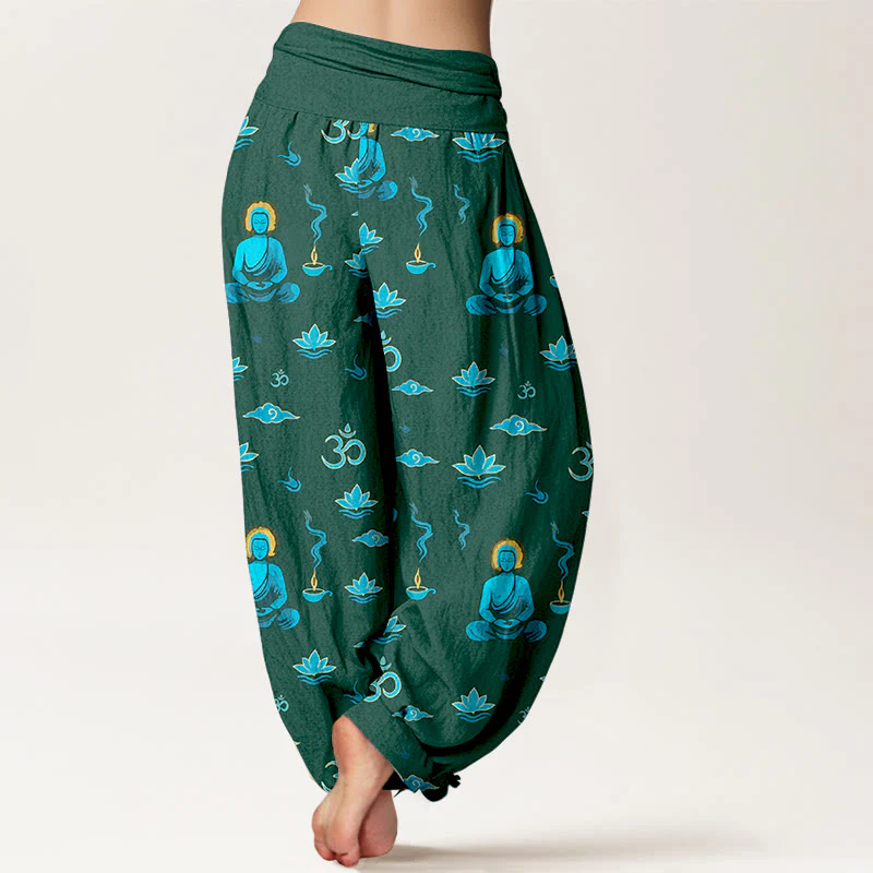 Pantaloni harem da donna con elastico in vita, in cotone con motivo Buddha Stones, simbolo Om, nuvola di loto e motivo Buddha - Image 7