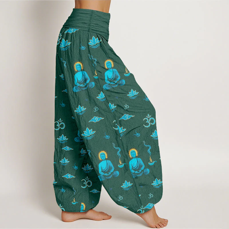 Pantaloni harem da donna con elastico in vita, in cotone con motivo Buddha Stones, simbolo Om, nuvola di loto e motivo Buddha - Image 8