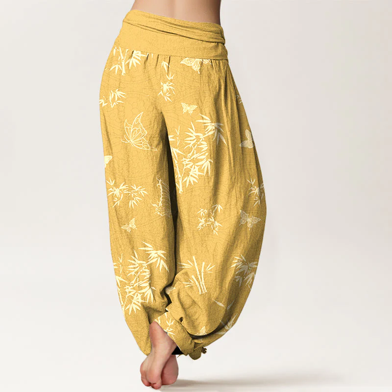 Pantaloni harem da donna con elastico in vita, in cotone, con motivo elegante a farfalla e bambù, motivo Buddha Stones - Image 10