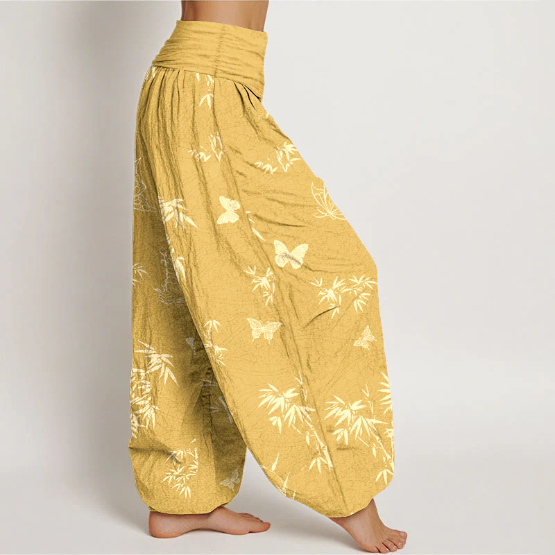 Pantaloni harem da donna con elastico in vita, in cotone, con motivo elegante a farfalla e bambù, motivo Buddha Stones - Image 11