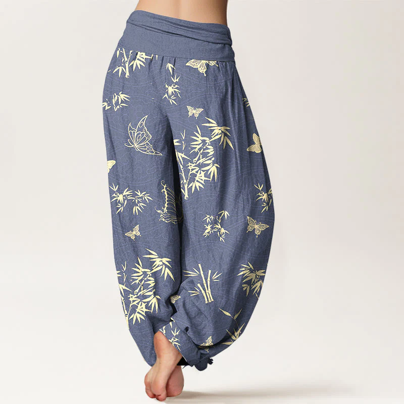 Pantaloni harem da donna con elastico in vita, in cotone, con motivo elegante a farfalla e bambù, motivo Buddha Stones - Image 2