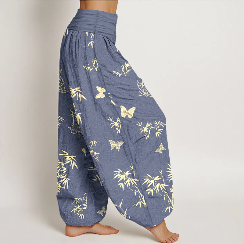Pantaloni harem da donna con elastico in vita, in cotone, con motivo elegante a farfalla e bambù, motivo Buddha Stones - Image 3