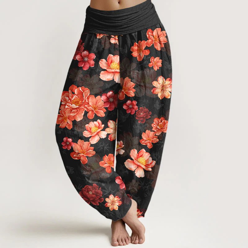 Pantaloni harem da donna con elastico in vita, in cotone con motivo floreale dai colori intensi, Buddha Stones