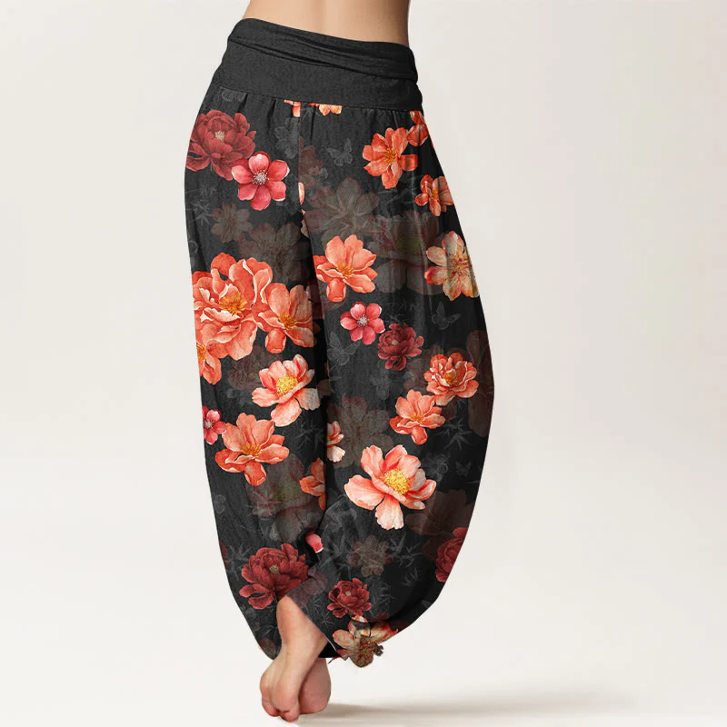 Pantaloni harem da donna con elastico in vita, in cotone con motivo floreale dai colori intensi, Buddha Stones - Image 2