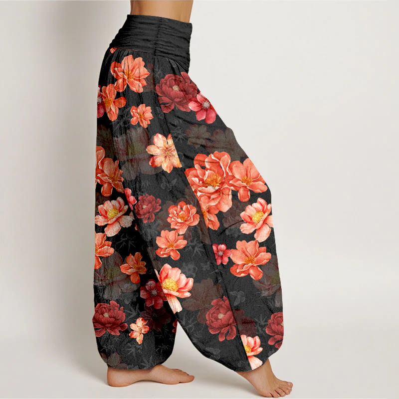 Pantaloni harem da donna con elastico in vita, in cotone con motivo floreale dai colori intensi, Buddha Stones - Image 3