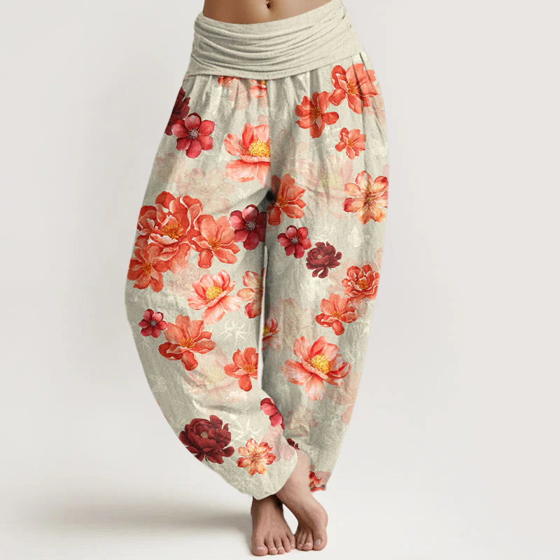 Pantaloni harem da donna con elastico in vita, in cotone con motivo floreale dai colori intensi, Buddha Stones - Image 9