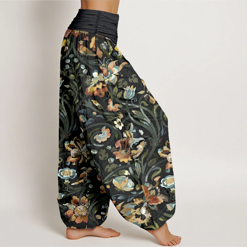 Pantaloni harem da donna con elastico in vita, in cotone, con motivo retrò di fiori e uccelli, motivo Buddha Stones - Image 11