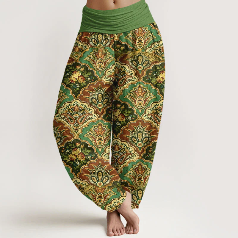 Pantaloni harem da donna con elastico in vita, in cotone, con motivo ripetuto a ventaglio, fiori e foglie, motivo Buddha Stones