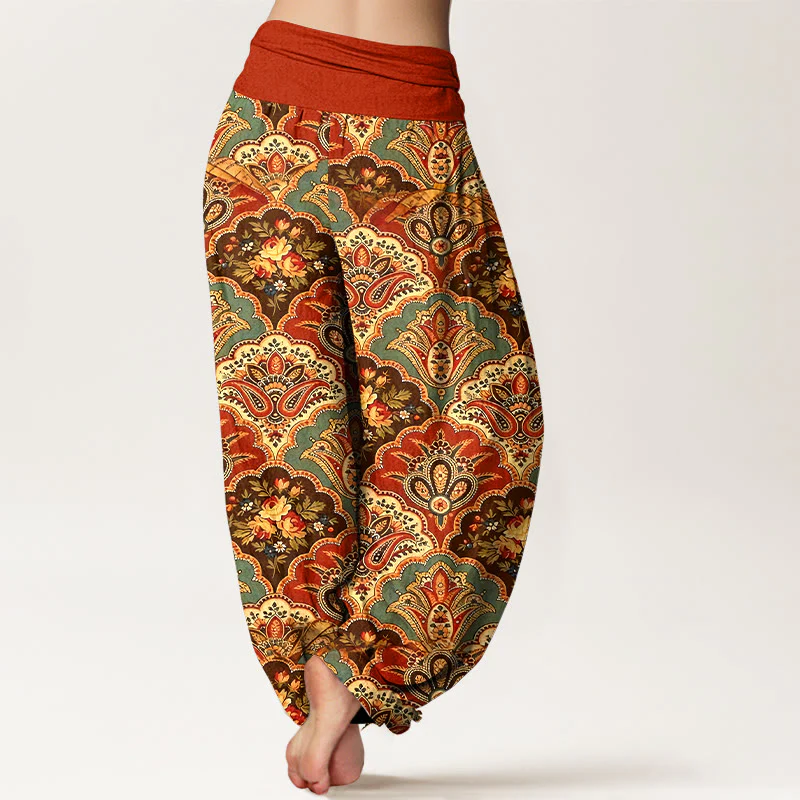 Pantaloni harem da donna con elastico in vita, in cotone, con motivo ripetuto a ventaglio, fiori e foglie, motivo Buddha Stones - Image 10