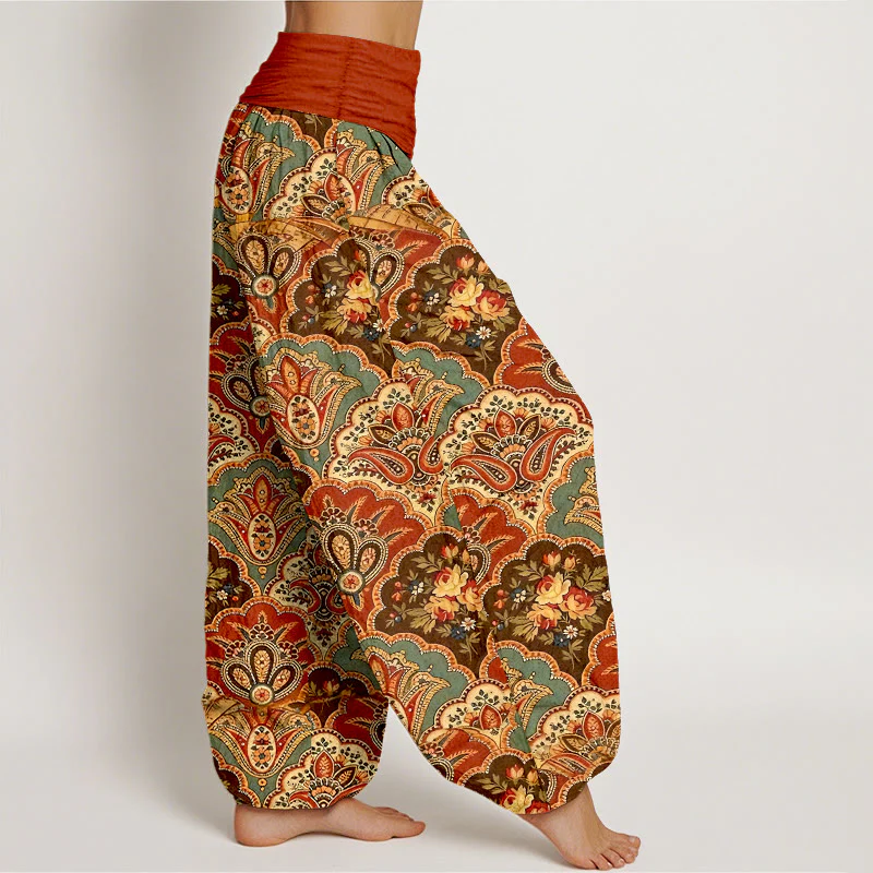 Pantaloni harem da donna con elastico in vita, in cotone, con motivo ripetuto a ventaglio, fiori e foglie, motivo Buddha Stones - Image 11