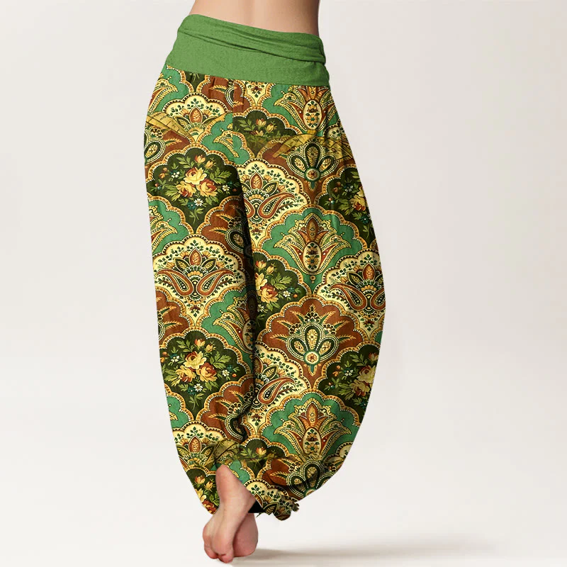 Pantaloni harem da donna con elastico in vita, in cotone, con motivo ripetuto a ventaglio, fiori e foglie, motivo Buddha Stones - Image 2