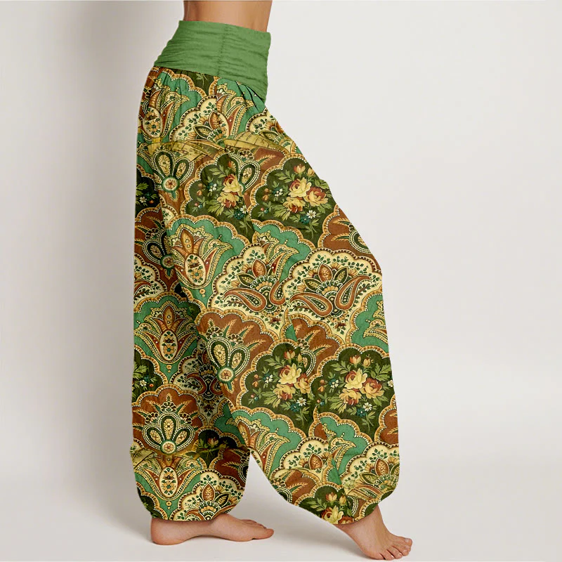 Pantaloni harem da donna con elastico in vita, in cotone, con motivo ripetuto a ventaglio, fiori e foglie, motivo Buddha Stones - Image 3
