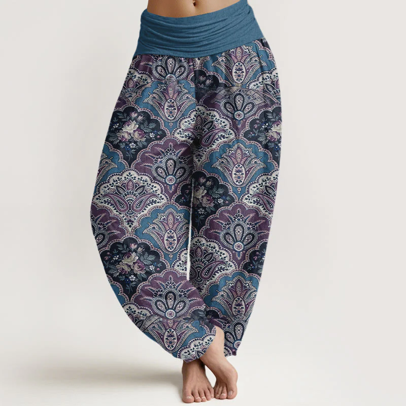Pantaloni harem da donna con elastico in vita, in cotone, con motivo ripetuto a ventaglio, fiori e foglie, motivo Buddha Stones - Image 6