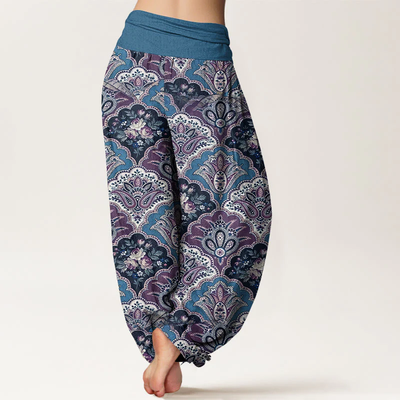 Pantaloni harem da donna con elastico in vita, in cotone, con motivo ripetuto a ventaglio, fiori e foglie, motivo Buddha Stones - Image 7