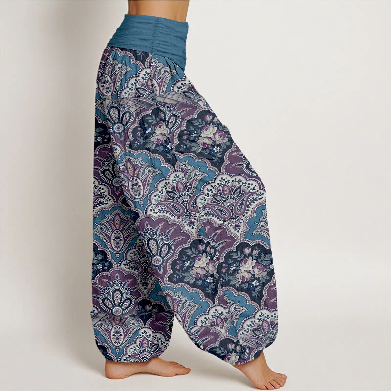 Pantaloni harem da donna con elastico in vita, in cotone, con motivo ripetuto a ventaglio, fiori e foglie, motivo Buddha Stones - Image 8