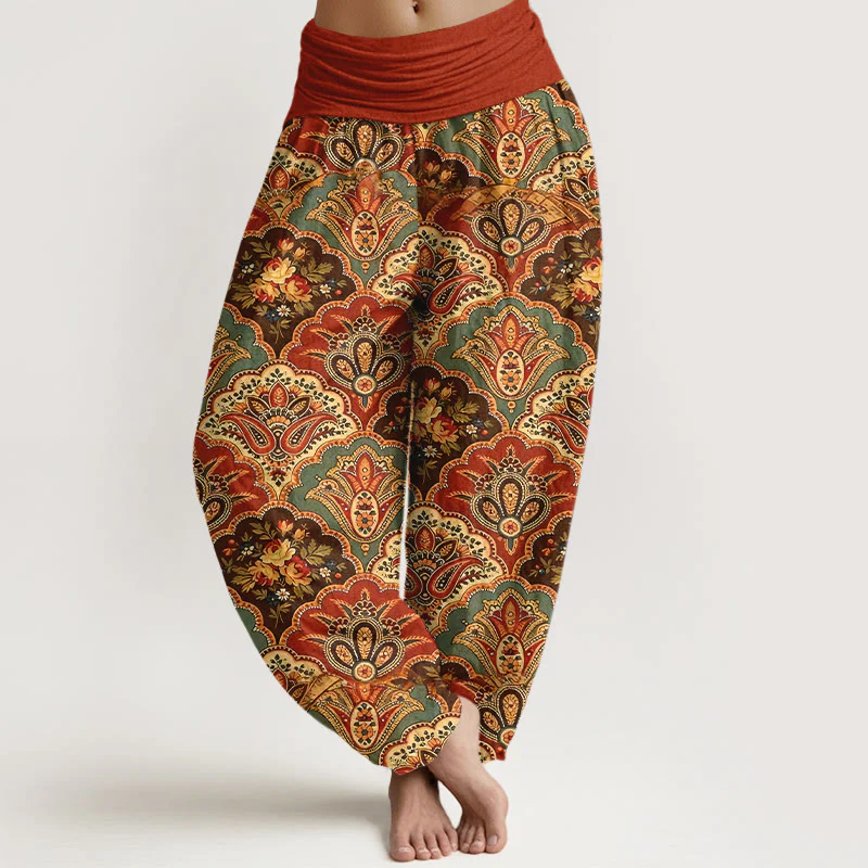 Pantaloni harem da donna con elastico in vita, in cotone, con motivo ripetuto a ventaglio, fiori e foglie, motivo Buddha Stones - Image 9