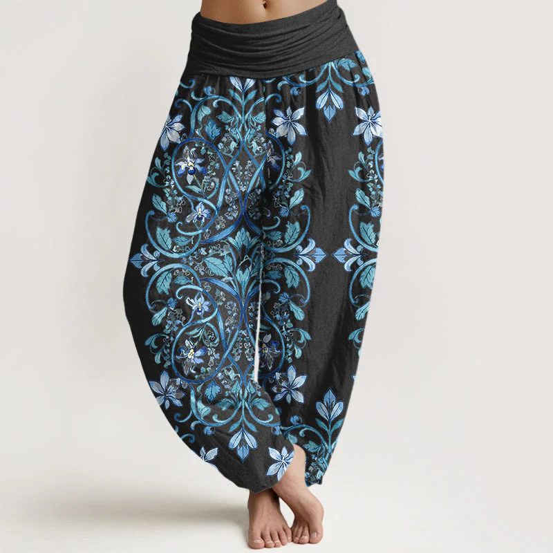 Pantaloni harem da donna con elastico in vita, in cotone, con motivo simmetrico di fiori e foglie, motivo Buddha Stones