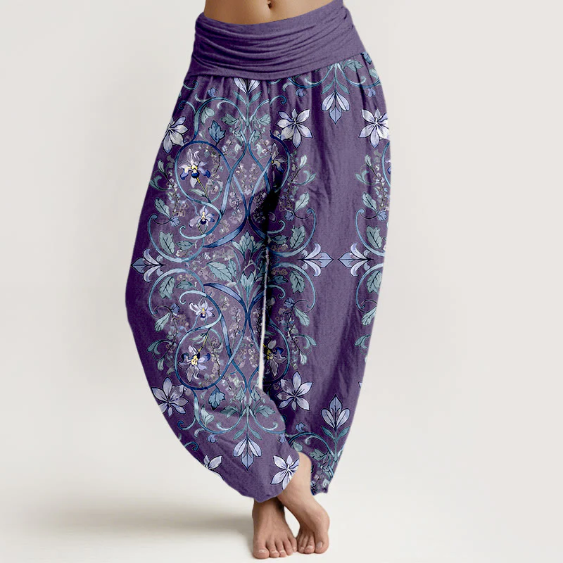 Pantaloni harem da donna con elastico in vita, in cotone, con motivo simmetrico di fiori e foglie, motivo Buddha Stones - Image 6
