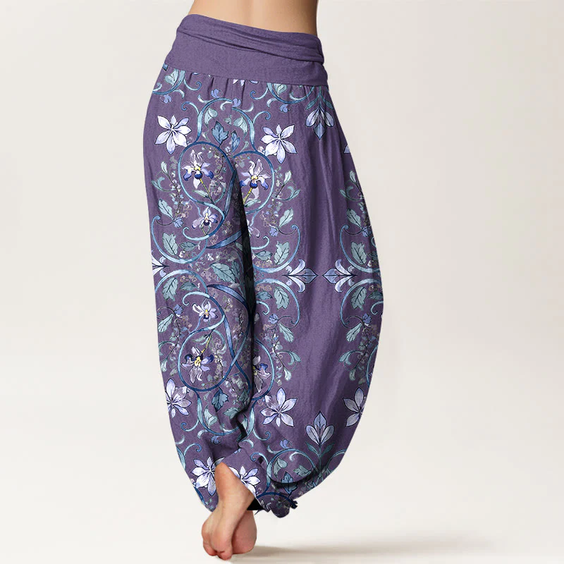Pantaloni harem da donna con elastico in vita, in cotone, con motivo simmetrico di fiori e foglie, motivo Buddha Stones - Image 7
