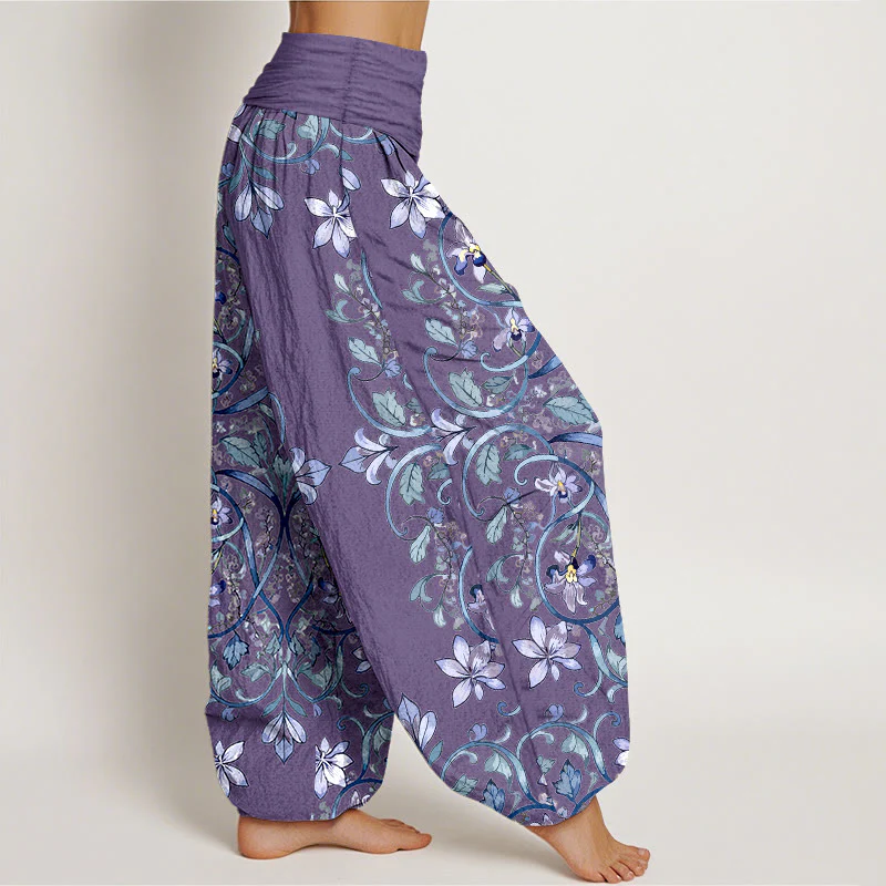Pantaloni harem da donna con elastico in vita, in cotone, con motivo simmetrico di fiori e foglie, motivo Buddha Stones - Image 8