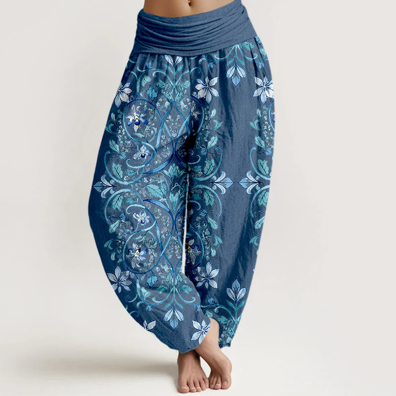 Pantaloni harem da donna con elastico in vita, in cotone, con motivo simmetrico di fiori e foglie, motivo Buddha Stones - Image 9