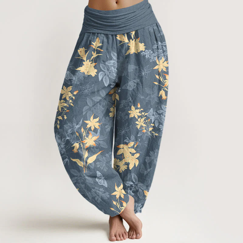 Pantaloni harem da donna con elastico in vita, in cotone fresco e raffinato, con motivo a fiori e foglie , Buddha Stones