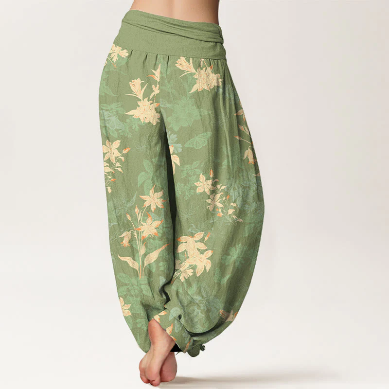 Pantaloni harem da donna con elastico in vita, in cotone fresco e raffinato, con motivo a fiori e foglie , Buddha Stones - Image 10