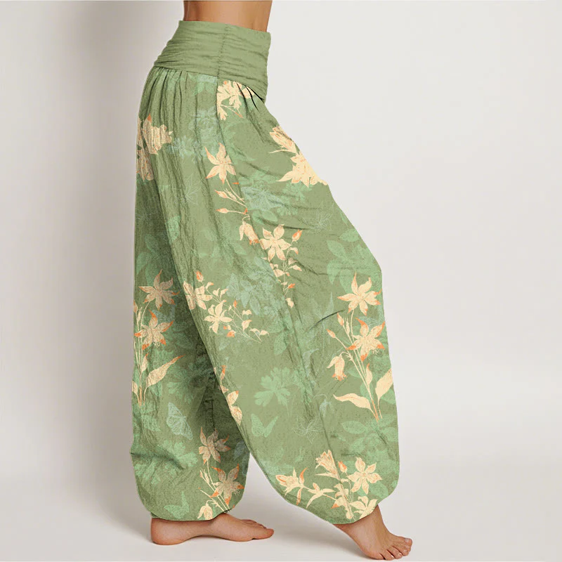 Pantaloni harem da donna con elastico in vita, in cotone fresco e raffinato, con motivo a fiori e foglie , Buddha Stones - Image 11
