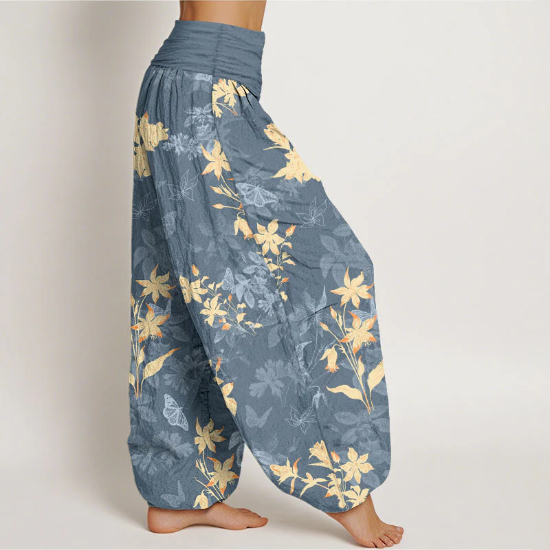 Pantaloni harem da donna con elastico in vita, in cotone fresco e raffinato, con motivo a fiori e foglie , Buddha Stones - Image 3
