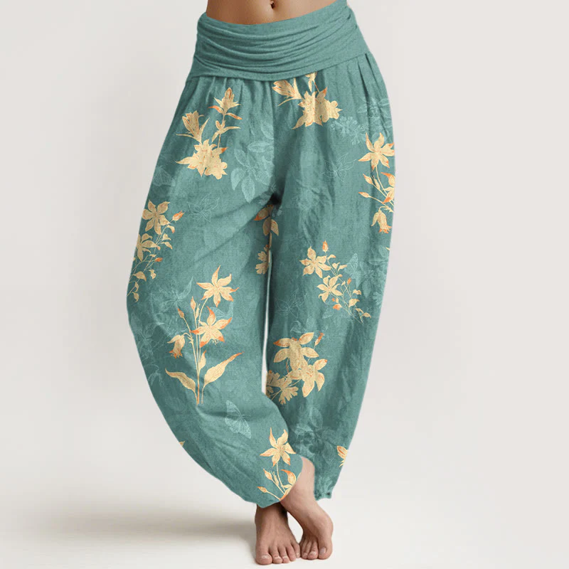 Pantaloni harem da donna con elastico in vita, in cotone fresco e raffinato, con motivo a fiori e foglie , Buddha Stones - Image 6