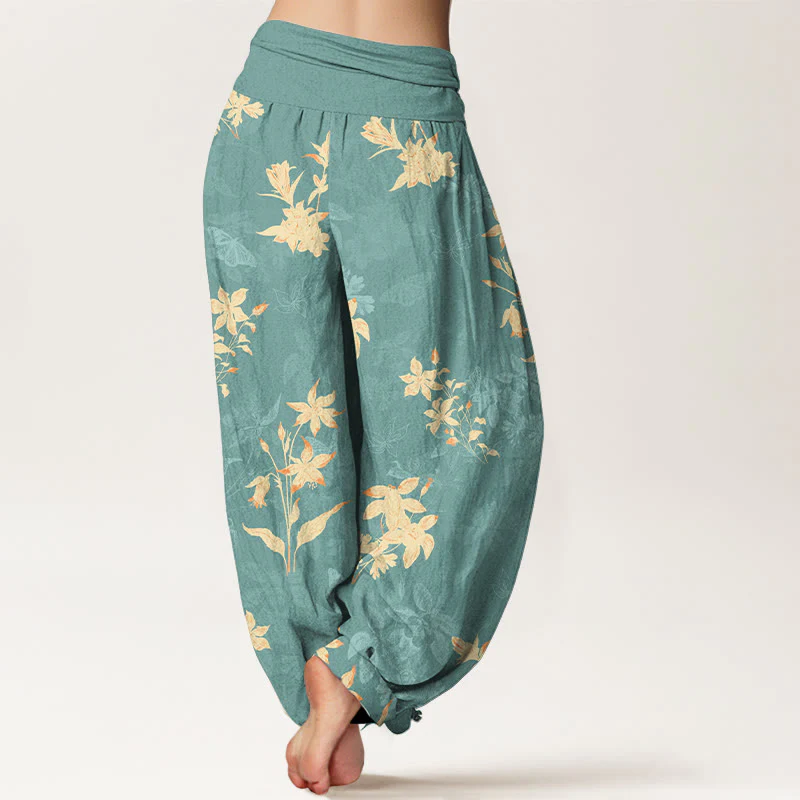 Pantaloni harem da donna con elastico in vita, in cotone fresco e raffinato, con motivo a fiori e foglie , Buddha Stones - Image 7